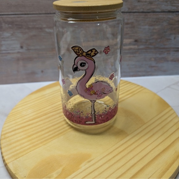 Flamingo Handcrafted Glass Tumbler with Straws and Bamboo Lid -NIB - Picture 3 of 3